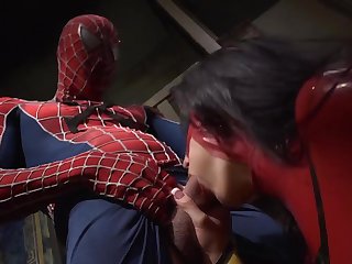 Spider man gags this brunette hooker and fucks her pussy in loud mode